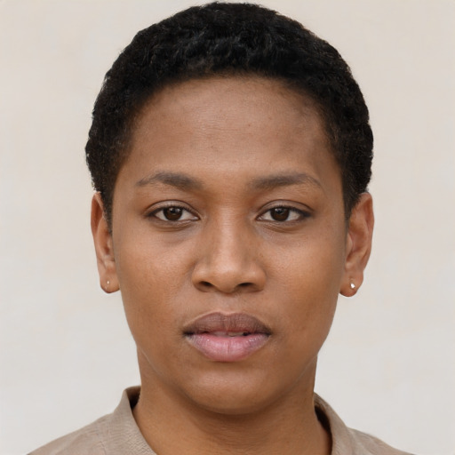 Neutral black young-adult female with short  black hair and brown eyes