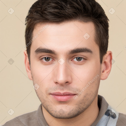 Neutral white young-adult male with short  brown hair and brown eyes