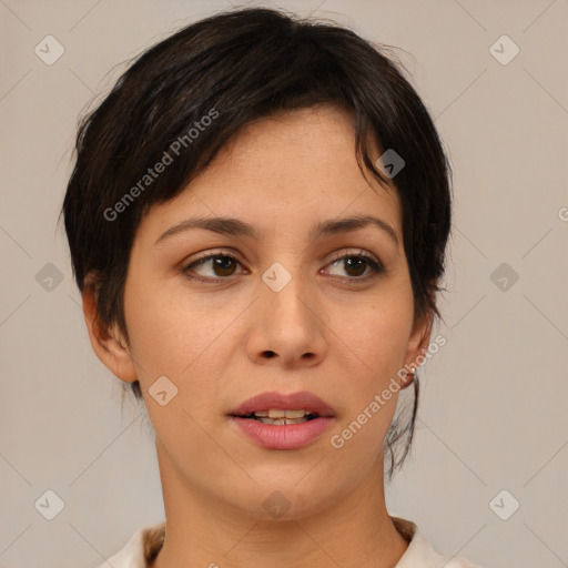 Neutral asian young-adult female with medium  brown hair and brown eyes