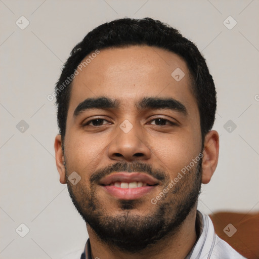 Neutral latino young-adult male with short  black hair and brown eyes