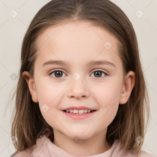 Joyful white child female with medium  brown hair and brown eyes