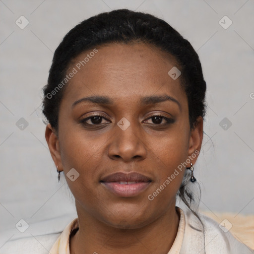 Joyful latino young-adult female with short  black hair and brown eyes
