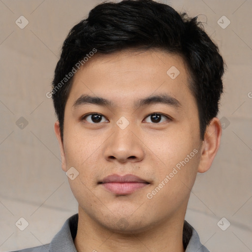 Neutral asian young-adult male with short  black hair and brown eyes