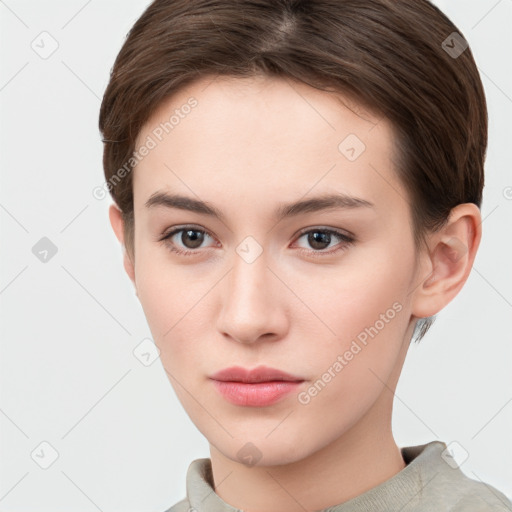 Neutral white young-adult female with short  brown hair and brown eyes