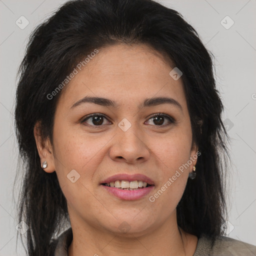 Joyful latino young-adult female with medium  brown hair and brown eyes