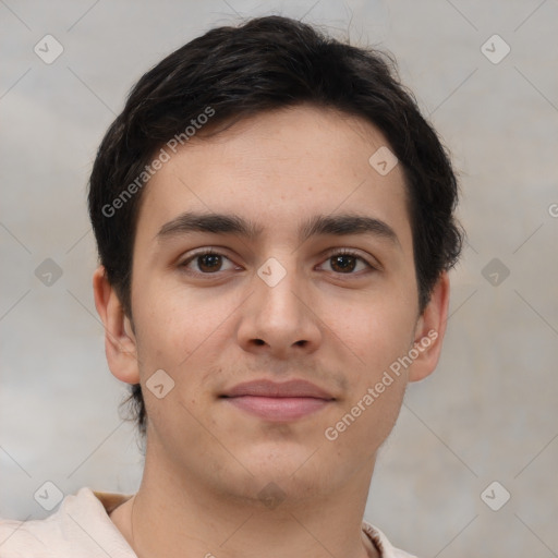 Neutral white young-adult male with short  brown hair and brown eyes