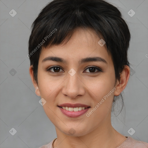 Joyful asian young-adult female with short  brown hair and brown eyes