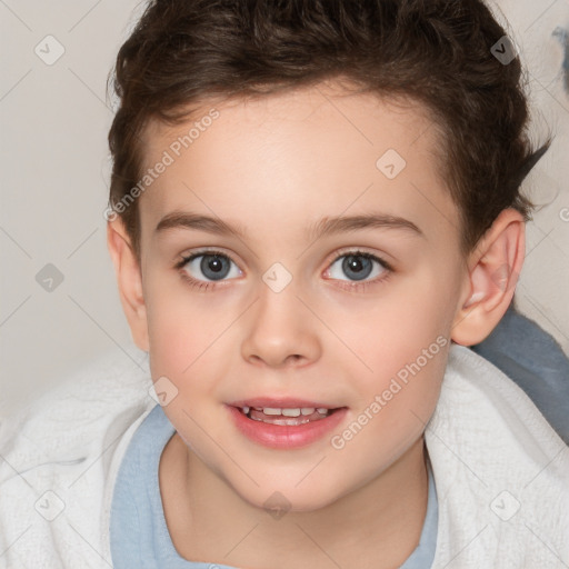 Joyful white child female with short  brown hair and brown eyes