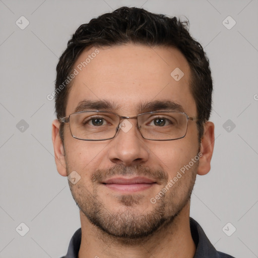 Joyful white adult male with short  brown hair and brown eyes