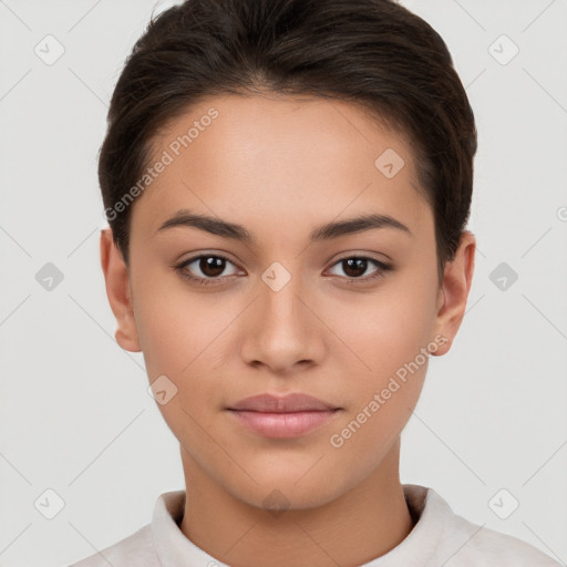 Joyful white young-adult female with short  brown hair and brown eyes