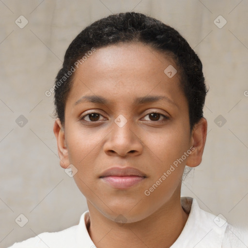 Neutral black young-adult female with short  brown hair and brown eyes