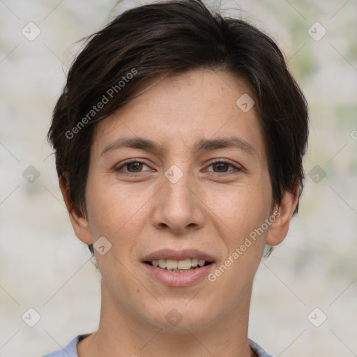 Joyful white young-adult female with short  brown hair and brown eyes