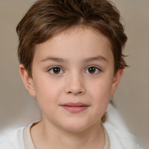 Joyful white child female with short  brown hair and brown eyes