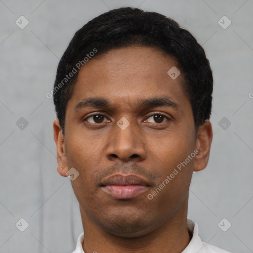 Neutral latino young-adult male with short  black hair and brown eyes