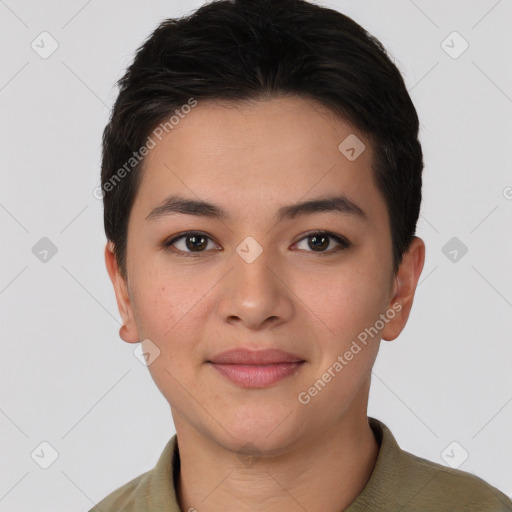 Joyful asian young-adult female with short  brown hair and brown eyes