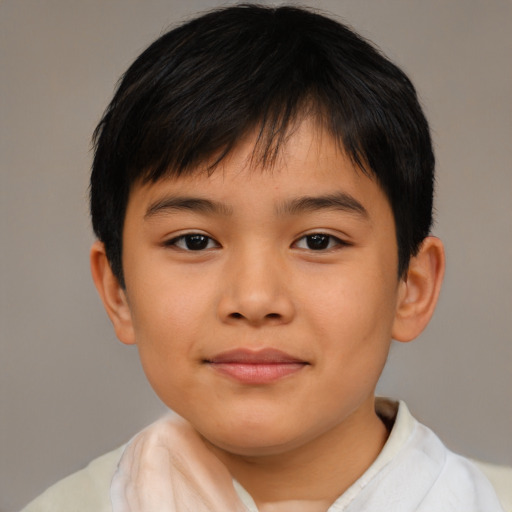 Joyful asian child male with short  brown hair and brown eyes