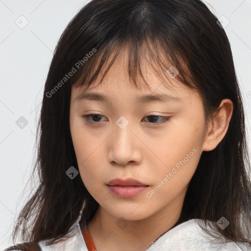 Neutral asian young-adult female with medium  brown hair and brown eyes