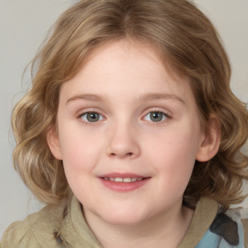 Joyful white child female with medium  brown hair and blue eyes