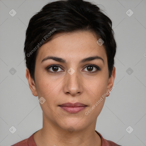 Joyful white young-adult female with short  brown hair and brown eyes