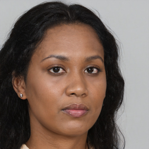 Neutral asian young-adult female with long  brown hair and brown eyes