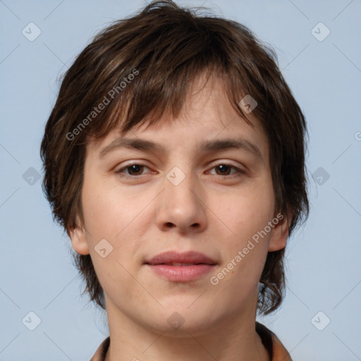 Neutral white young-adult female with medium  brown hair and brown eyes