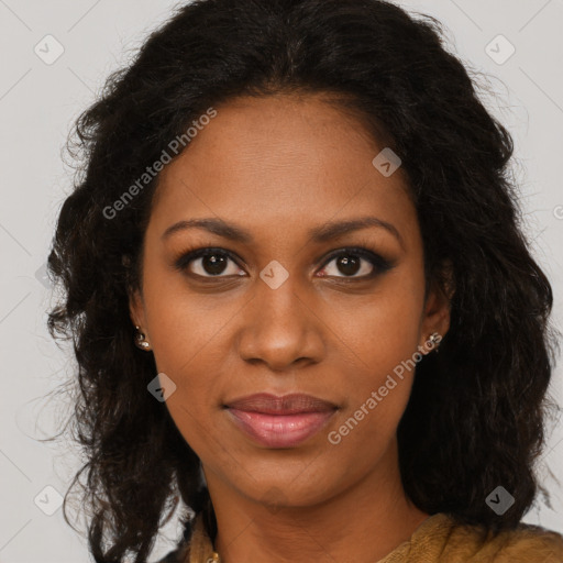 Joyful black young-adult female with long  brown hair and brown eyes