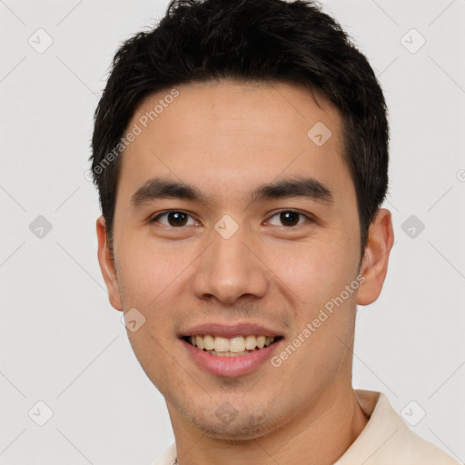 Joyful white young-adult male with short  black hair and brown eyes