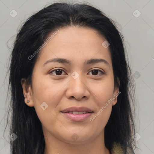 Joyful asian adult female with medium  brown hair and brown eyes