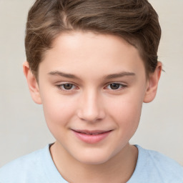 Joyful white child female with short  brown hair and brown eyes