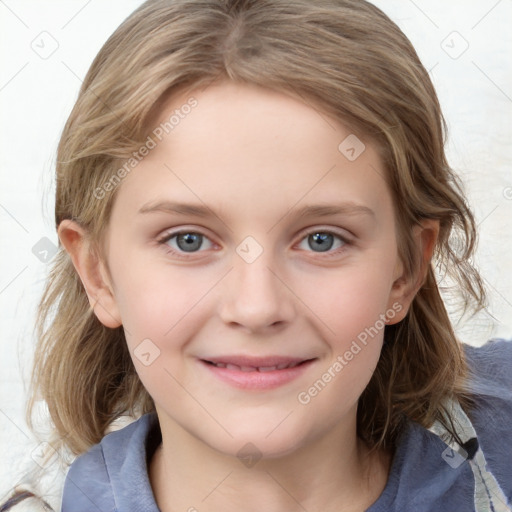 Joyful white child female with medium  brown hair and blue eyes