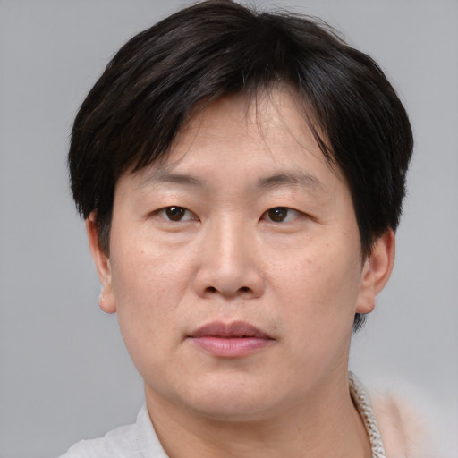 Neutral asian adult male with short  brown hair and brown eyes