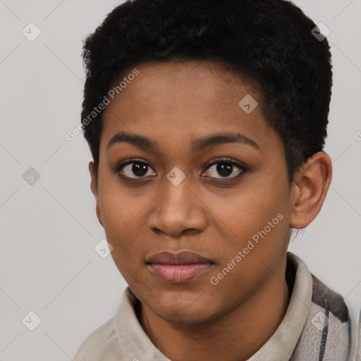 Joyful black young-adult female with short  black hair and brown eyes