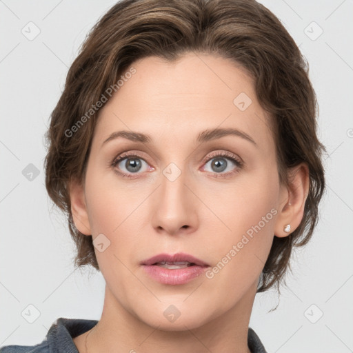 Neutral white young-adult female with medium  brown hair and grey eyes