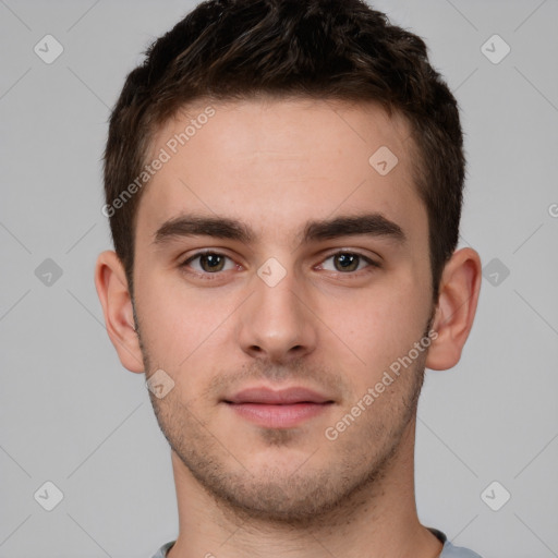 Neutral white young-adult male with short  brown hair and brown eyes