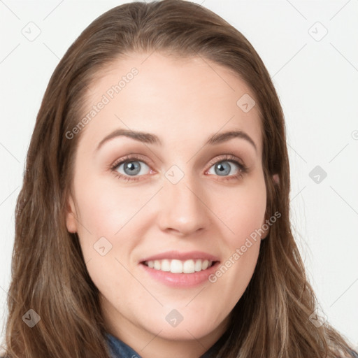 Joyful white young-adult female with long  brown hair and blue eyes