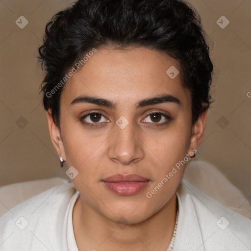 Joyful latino young-adult female with short  brown hair and brown eyes