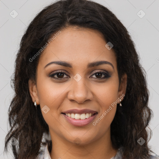 Joyful latino young-adult female with long  brown hair and brown eyes