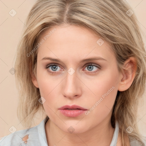 Neutral white young-adult female with medium  brown hair and blue eyes