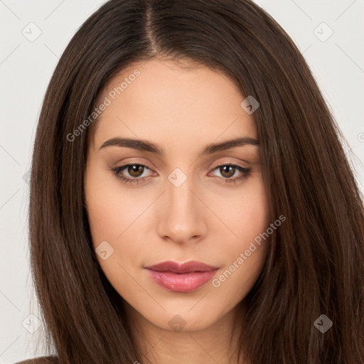 Neutral white young-adult female with long  brown hair and brown eyes