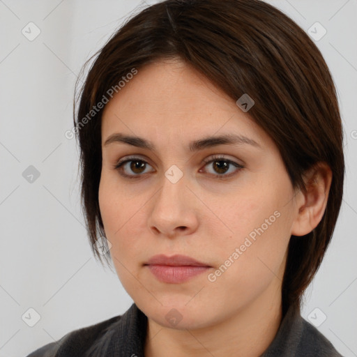 Neutral white young-adult female with medium  brown hair and brown eyes