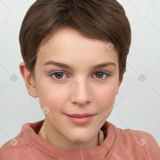 Joyful white child female with short  brown hair and brown eyes