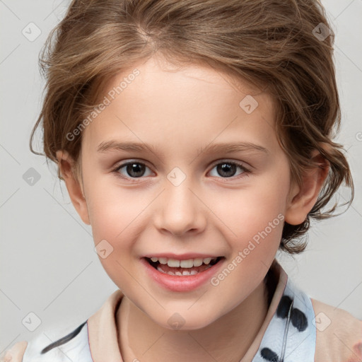 Joyful white child female with medium  brown hair and brown eyes