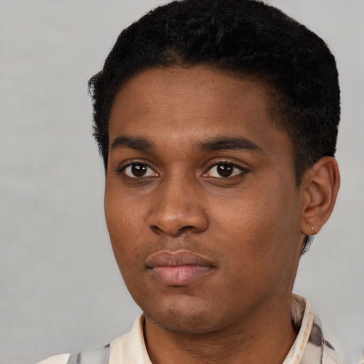 Neutral black young-adult male with short  black hair and brown eyes