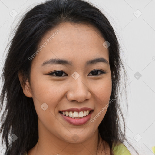 Joyful asian young-adult female with long  brown hair and brown eyes