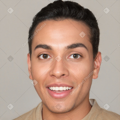 Joyful white young-adult male with short  black hair and brown eyes