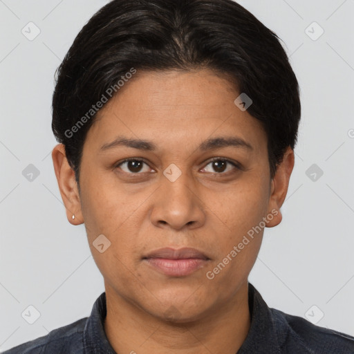 Joyful white adult female with short  brown hair and brown eyes
