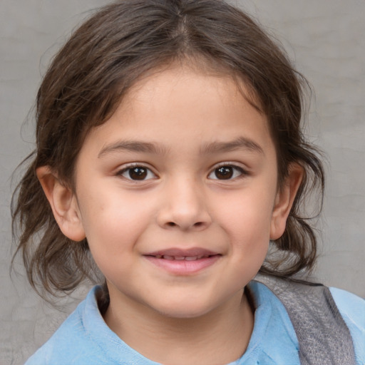 Joyful white child female with medium  brown hair and brown eyes