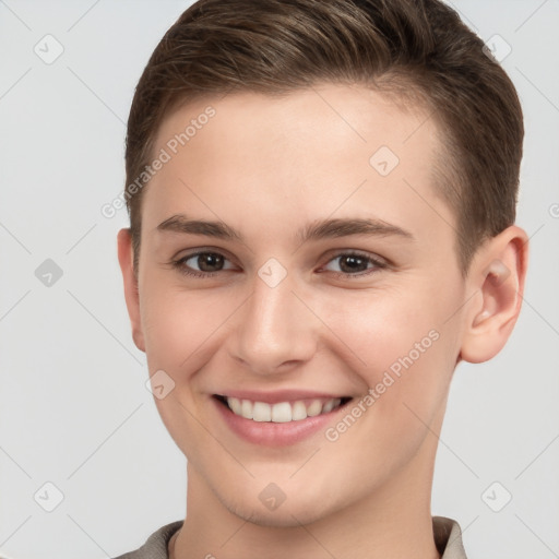 Joyful white young-adult female with short  brown hair and brown eyes