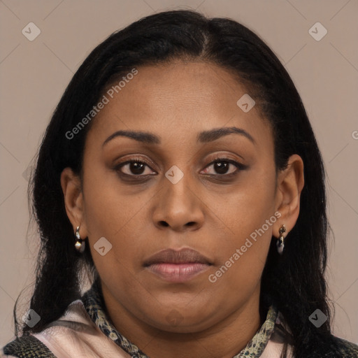 Neutral latino young-adult female with long  brown hair and brown eyes