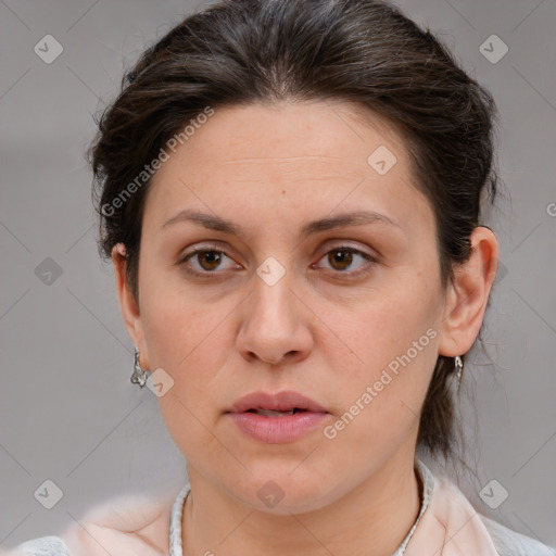 Neutral white adult female with medium  brown hair and brown eyes